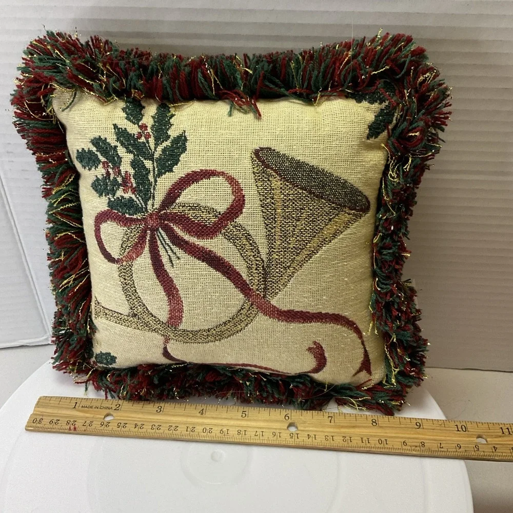 Vtg Christmas Tapestry Fringe‎ Throw Pillow Riverdale w/French Horn 9x8